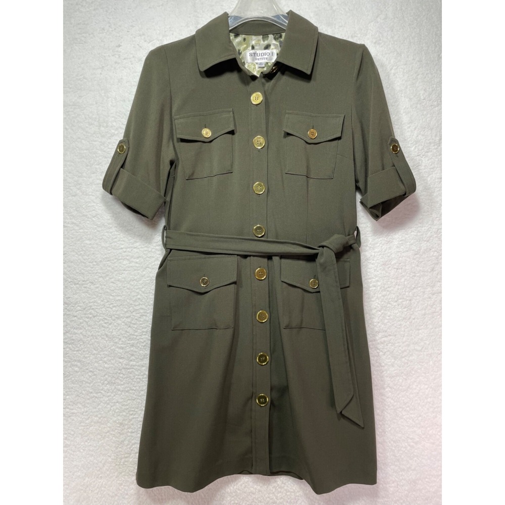 Studio I Petite Womens size 4P Short Sleeve Tie West Dress Gold Tone Buttons